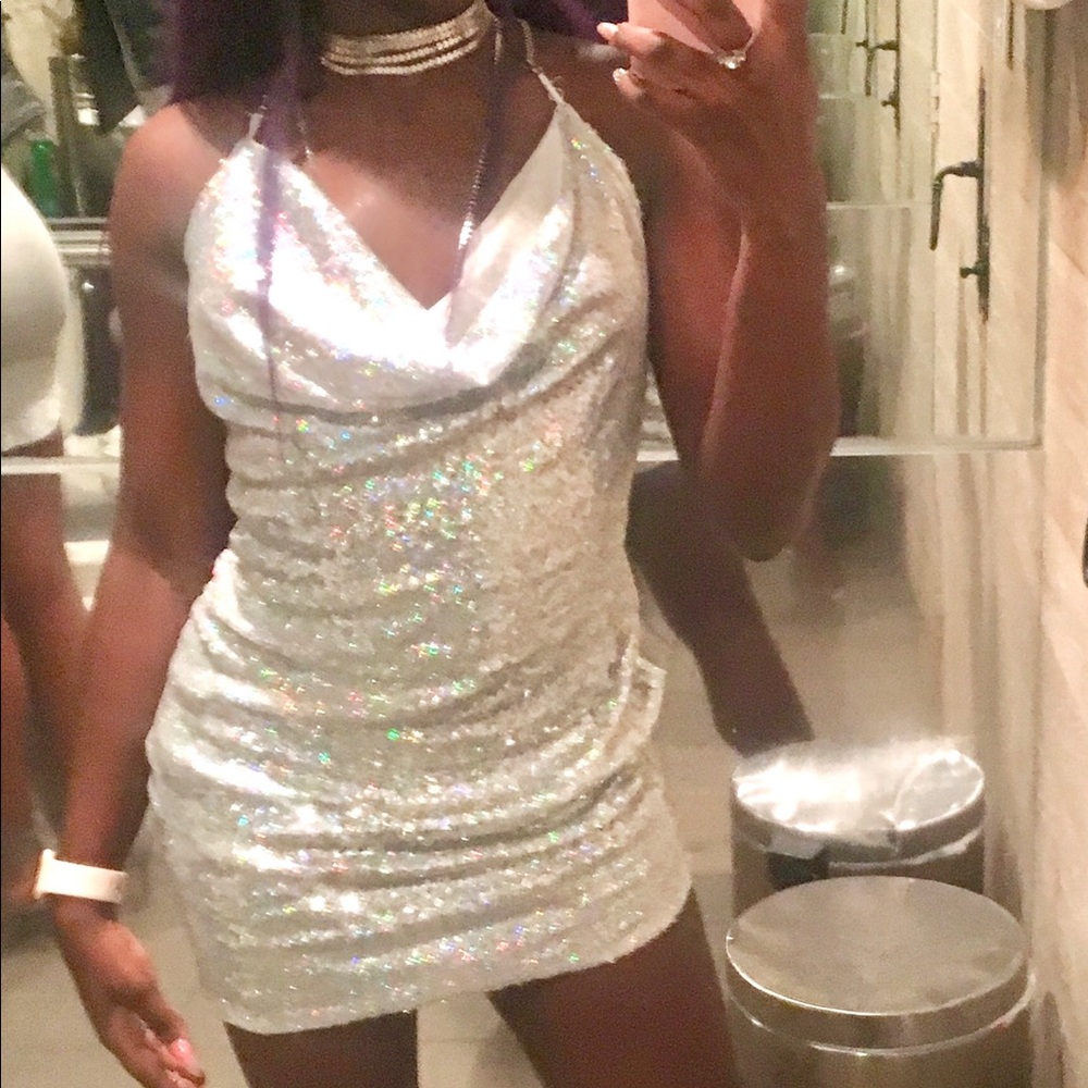 Tarria Silver Sequin Chain Choker Mini Dress